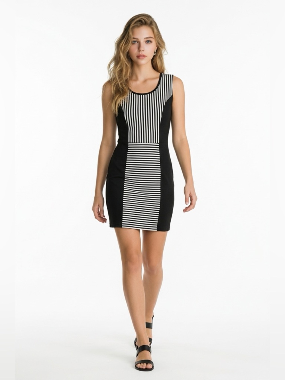 Halo Women's Striped Bodycon‎ Dress Black White Sleeveless Knee Length S